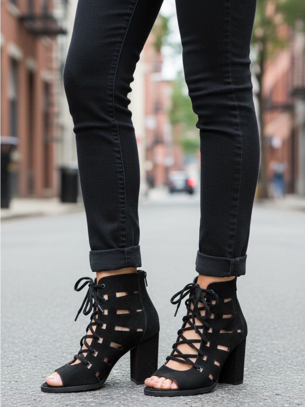 Vince Camuto Black Leather Lace-Up Cutout Block Heel Sandals